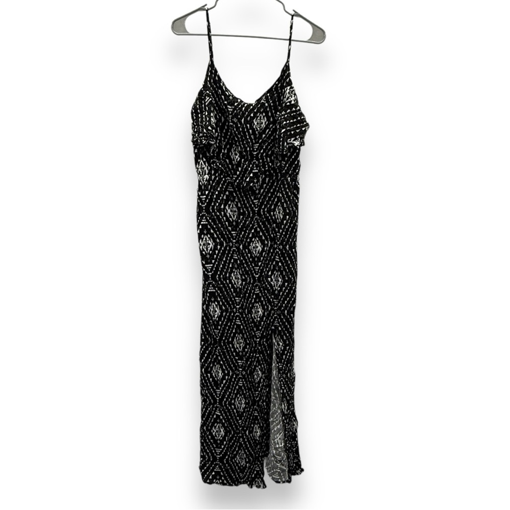 Y2K Mudd Black &‎ White Geometric Print Sleeveless Front Slit Maxi Dress Sz XL